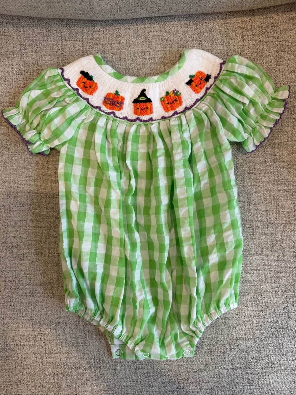Green Gingham Pumpkin Smocked Baby One-Piece